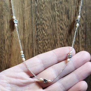 15 Inch 925 Sterling Silver Floral Cream Color Real Pearls Necklace